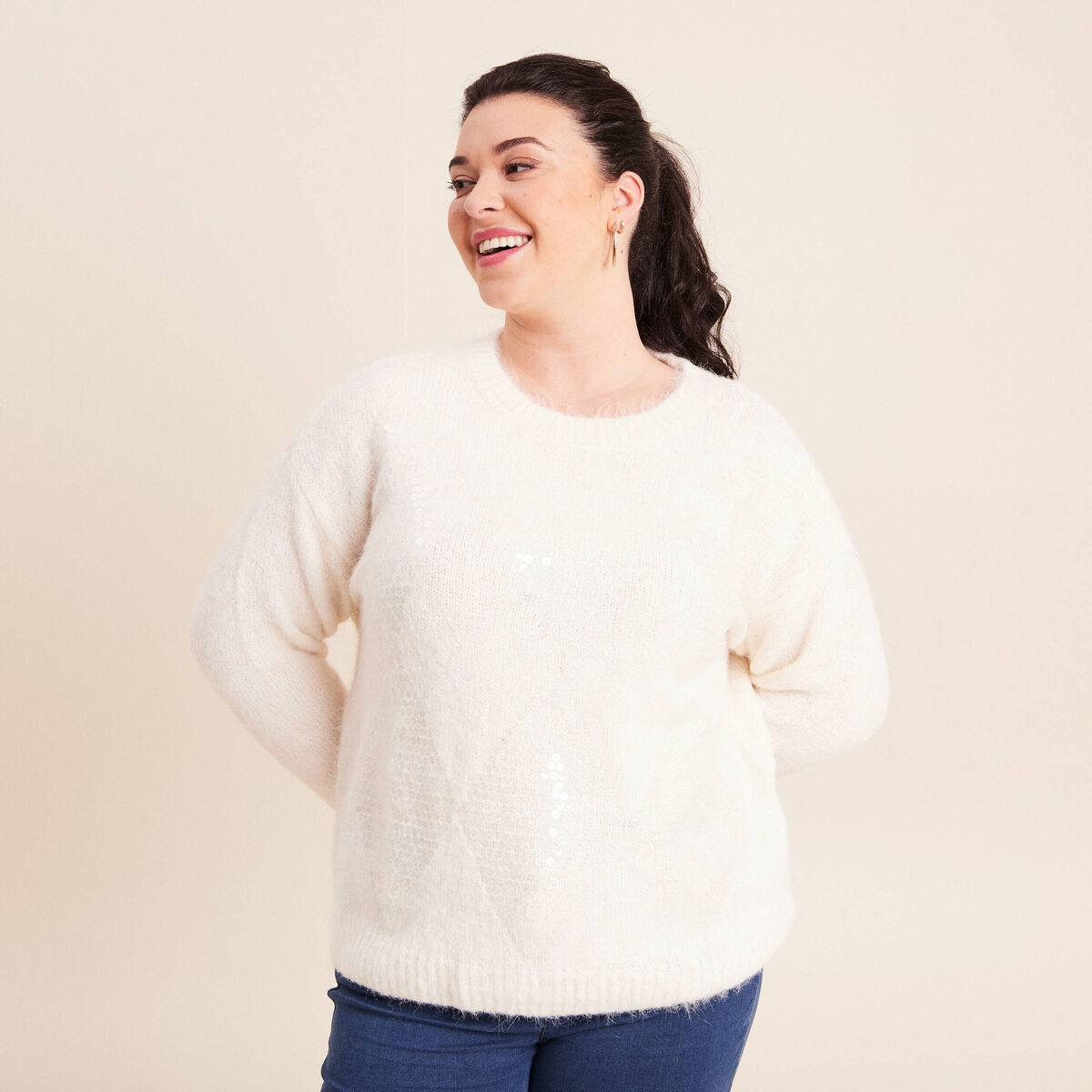 Pull col rond manches longues &agrave; sequins ecru femme
