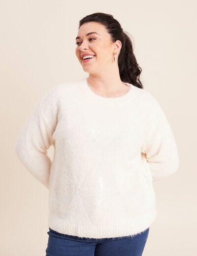 Pull col rond manches longues &agrave; sequins ecru femme