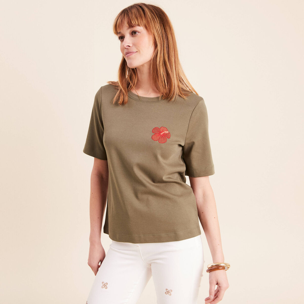 T-shirt col rond manches courtes vert kaki femme