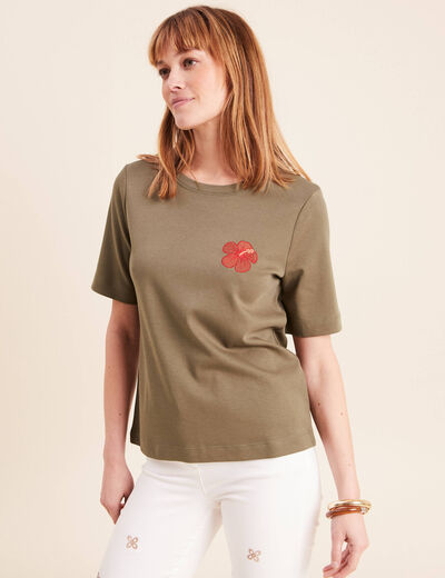 T-shirt col rond manches courtes vert kaki femme