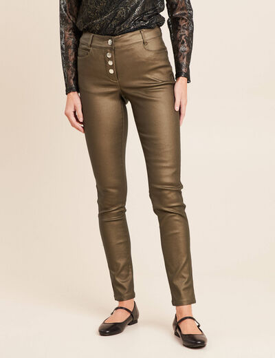 Pantalon ajust&eacute; taille bascul&eacute;e enduit vert kaki femme
