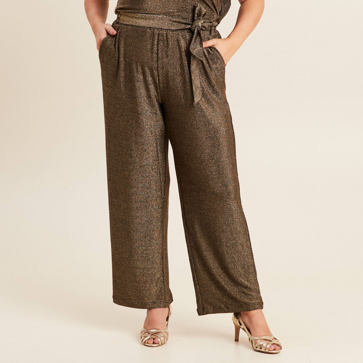 Pantalon large taille haute vert kaki femme