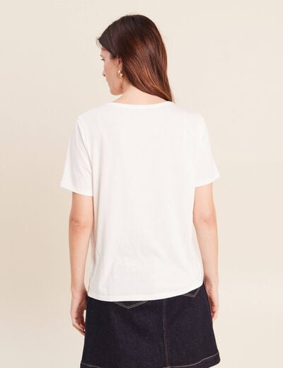 T-shirt &agrave; message col rond ecru femme