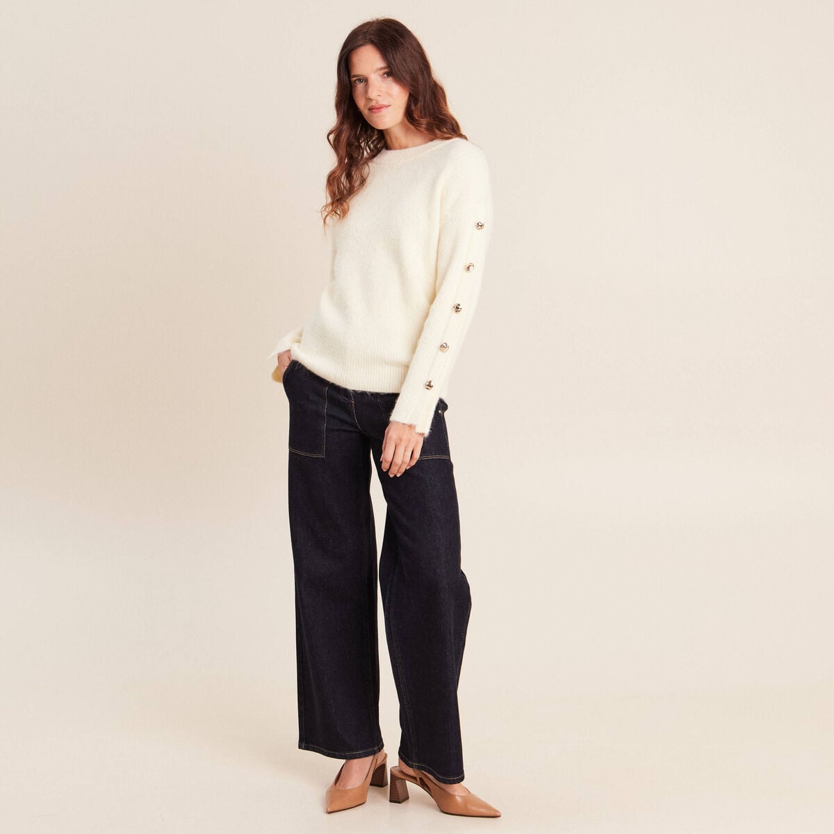 Pull manches boutonn&eacute;es jaune pastel femme