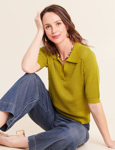 Polo ajour&eacute; col chemise manches courtes vert olive femme