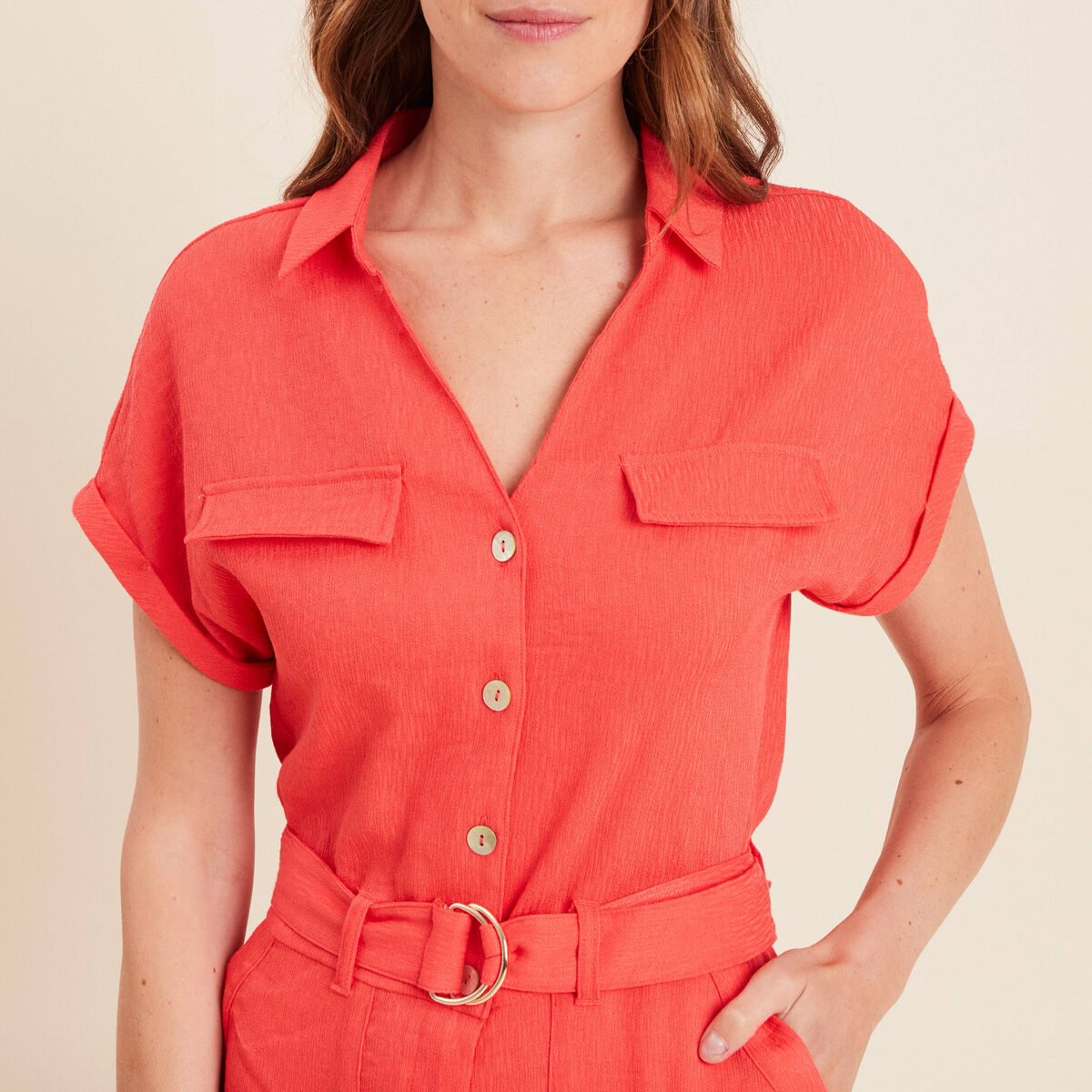 Combinaison fluide boutonn&eacute;e rouge corail femme