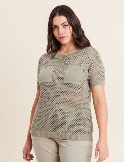 Pull manches courtes ajouré vert clair femme