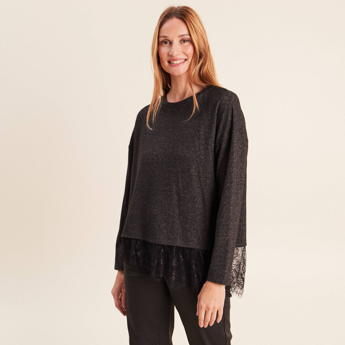 Pull col rond manches longues dentelle gris fonc&eacute; femme