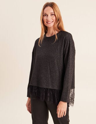 Pull col rond manches longues dentelle gris fonc&eacute; femme