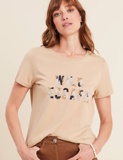 T-shirt sequins manches courtes sable femme