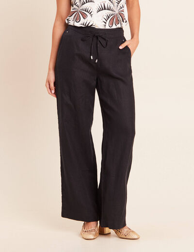 Pantalon large taille haute aspect lin noir femme