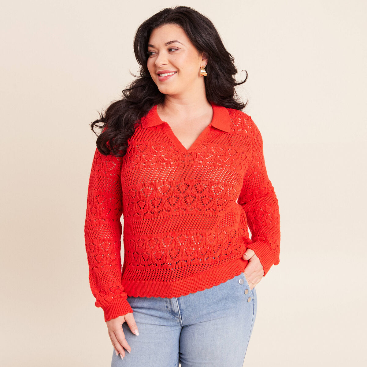 Polo d&eacute;tails ajour&eacute;s orange fonc&eacute; femme