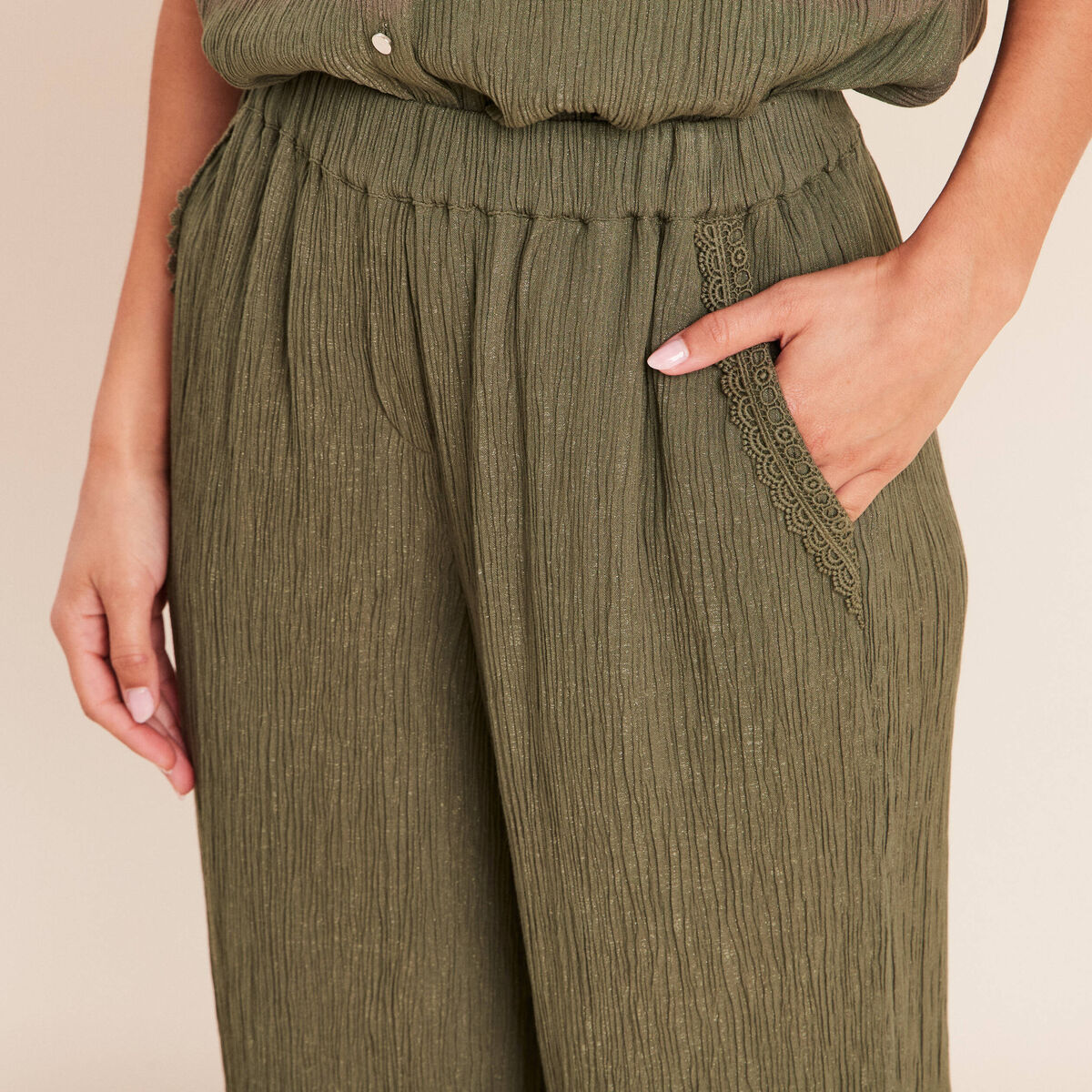 Pantalon large taille haute pliss&eacute; vert kaki femme