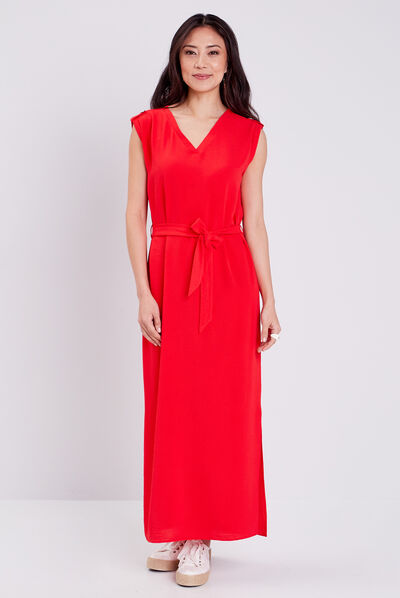 Robe longue droite ceinturée rouge femme