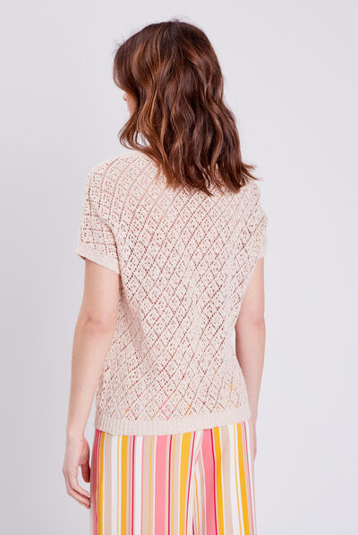 Pull manches courtes ajouré vieux rose femme