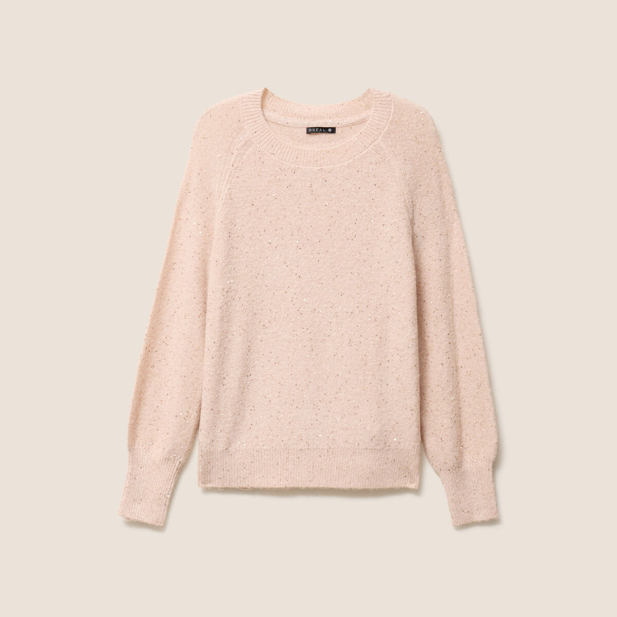 Pull col rond manches longues &agrave; sequins rose poudr&eacute;e femme