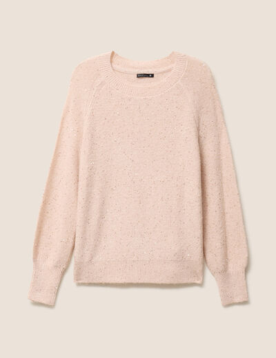 Pull col rond manches longues &agrave; sequins rose poudr&eacute;e femme