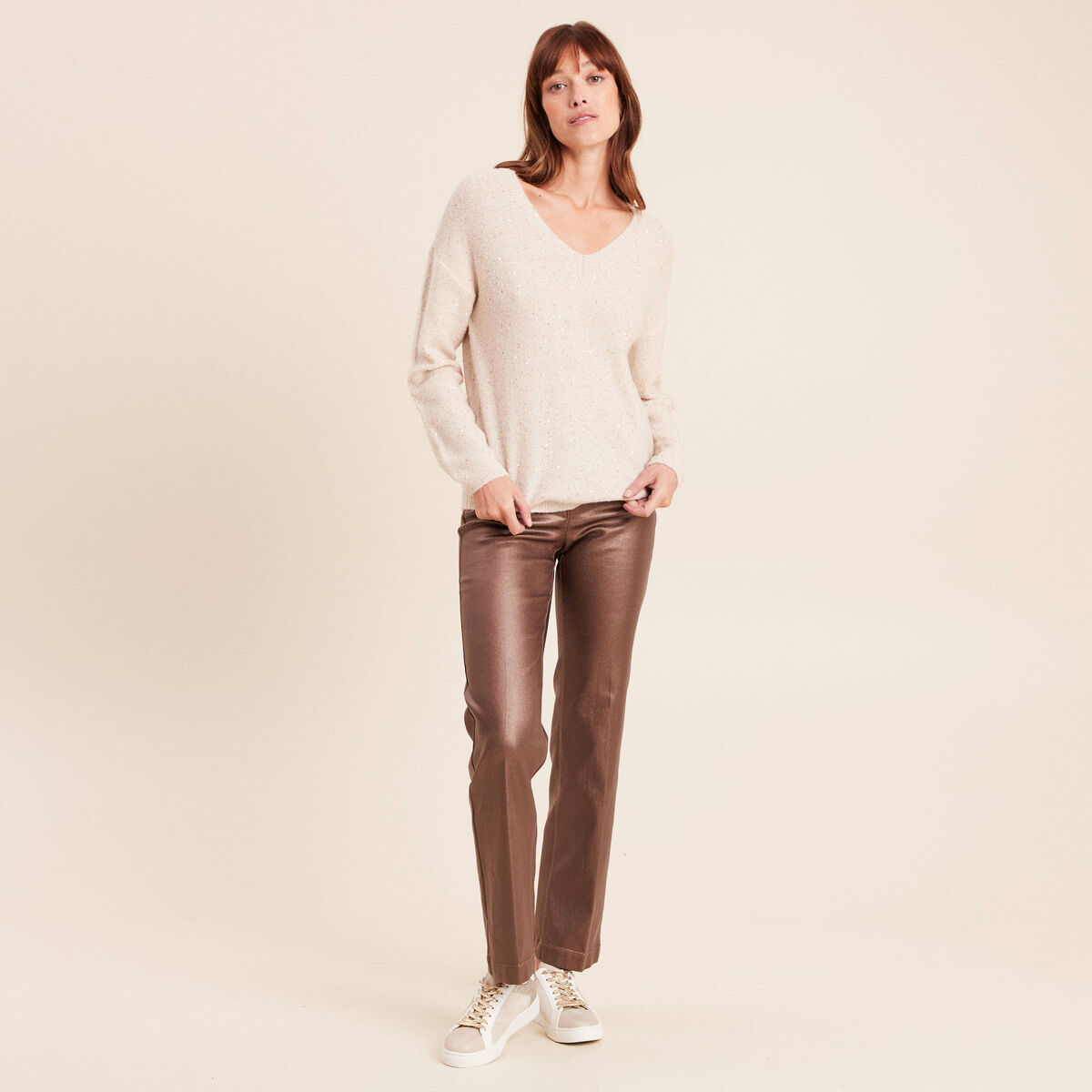 Pull col v manches longues &agrave; sequins couleur or femme