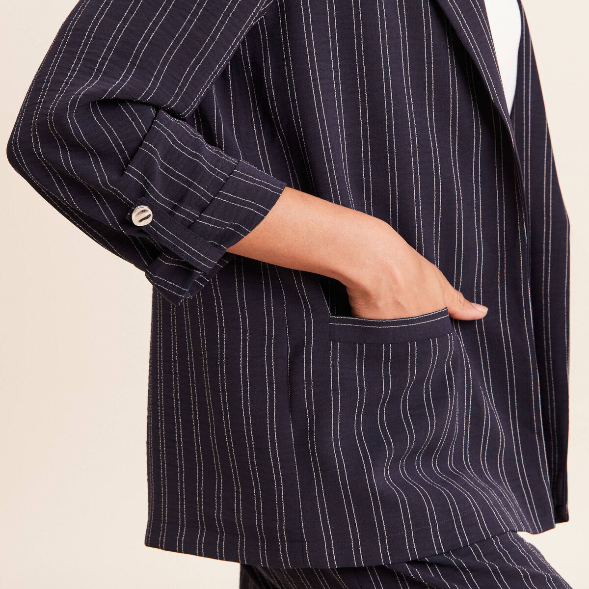 Veste longue droite col tailleur bleu femme