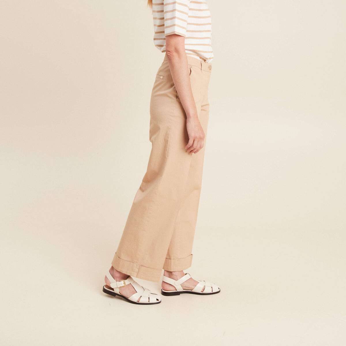 Pantalon large taille basculée beige femme