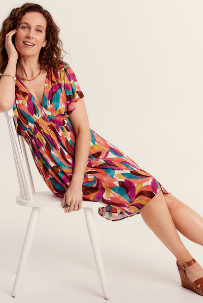 Robe évasée détail smocké beige femme