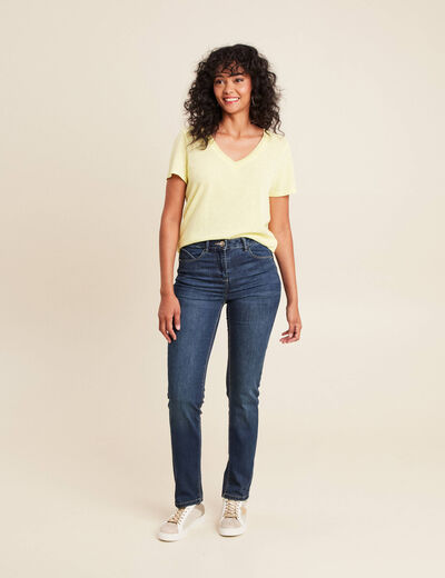 T-shirt manches courtes col en V jaune clair femme