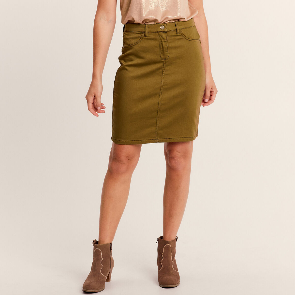 Jupe droite r&eacute;versible couleur bronze femme