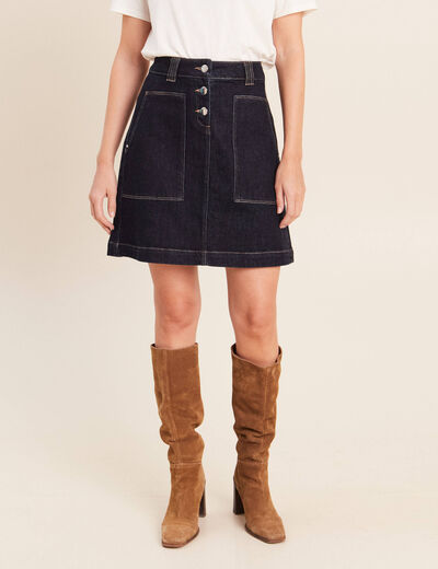 Jupe courte trap&egrave;ze en jean denim brut femme