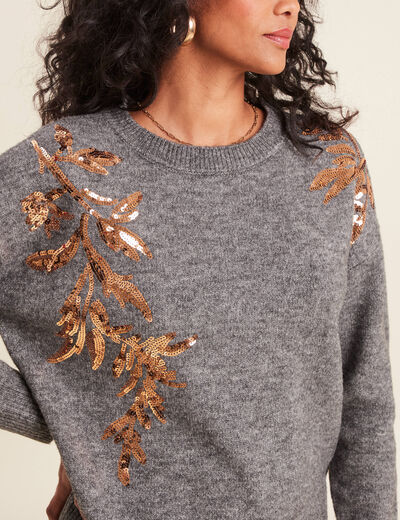 Pull manches longues sequins gris foncé femme