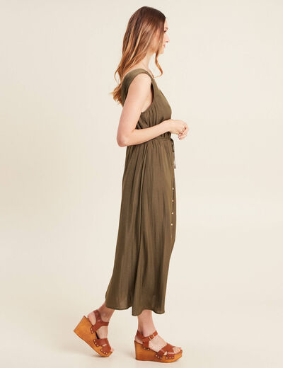 Robe midi évasée satin vert kaki femme
