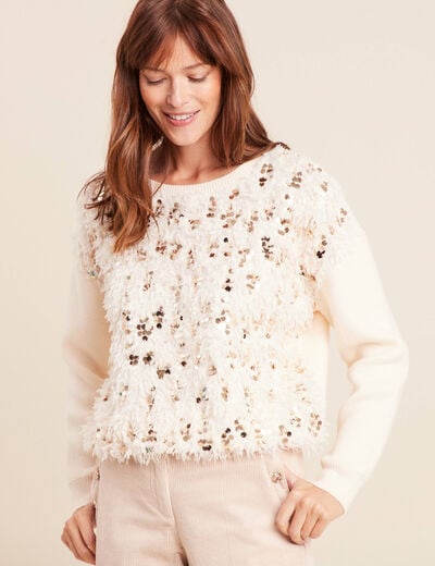 Pull col rond manches longues doubl&eacute; ecru femme