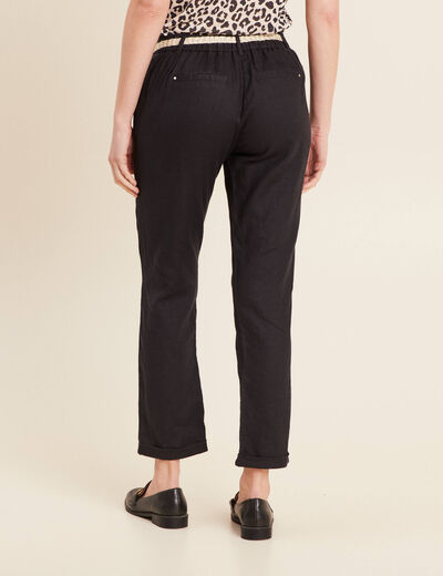 Pantalon coupe chino en lin ceintur&eacute; noir femme
