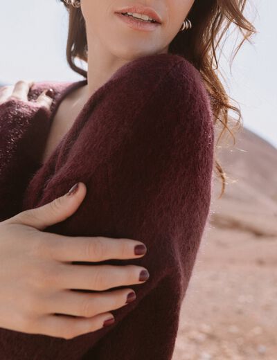 Pull col v bordeaux femme