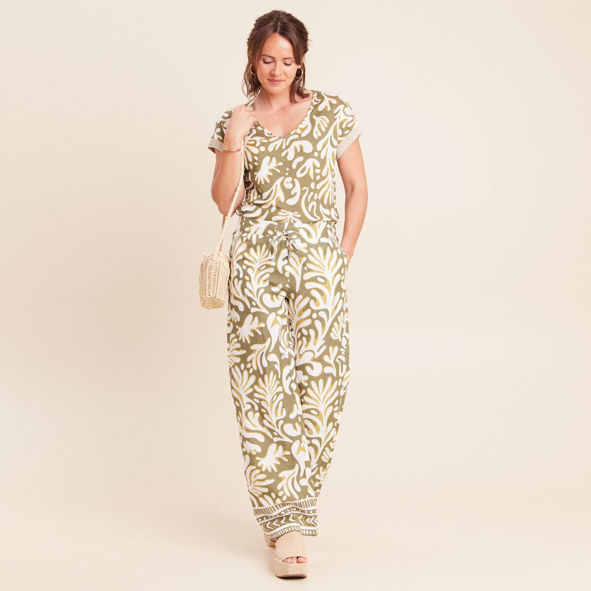 Pantalon large taille haute aspect lin vert femme