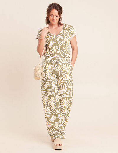 Pantalon large taille haute aspect lin vert femme