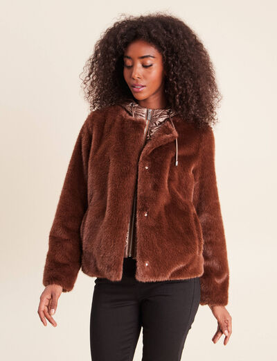 Manteau &agrave; capuche fausse fourrure marron fonc&eacute; femme