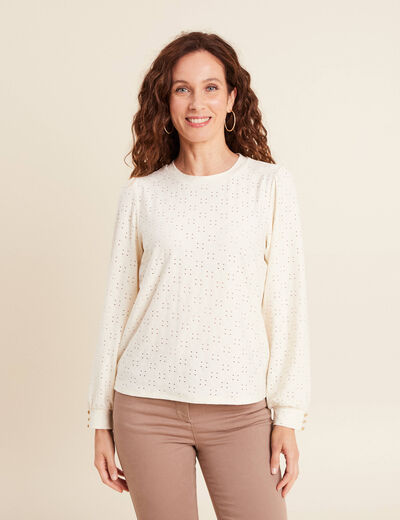 Top dentelle col rond manches longues ecru femme