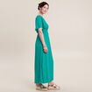 Robe longue évasée satin bleu turquoise femme