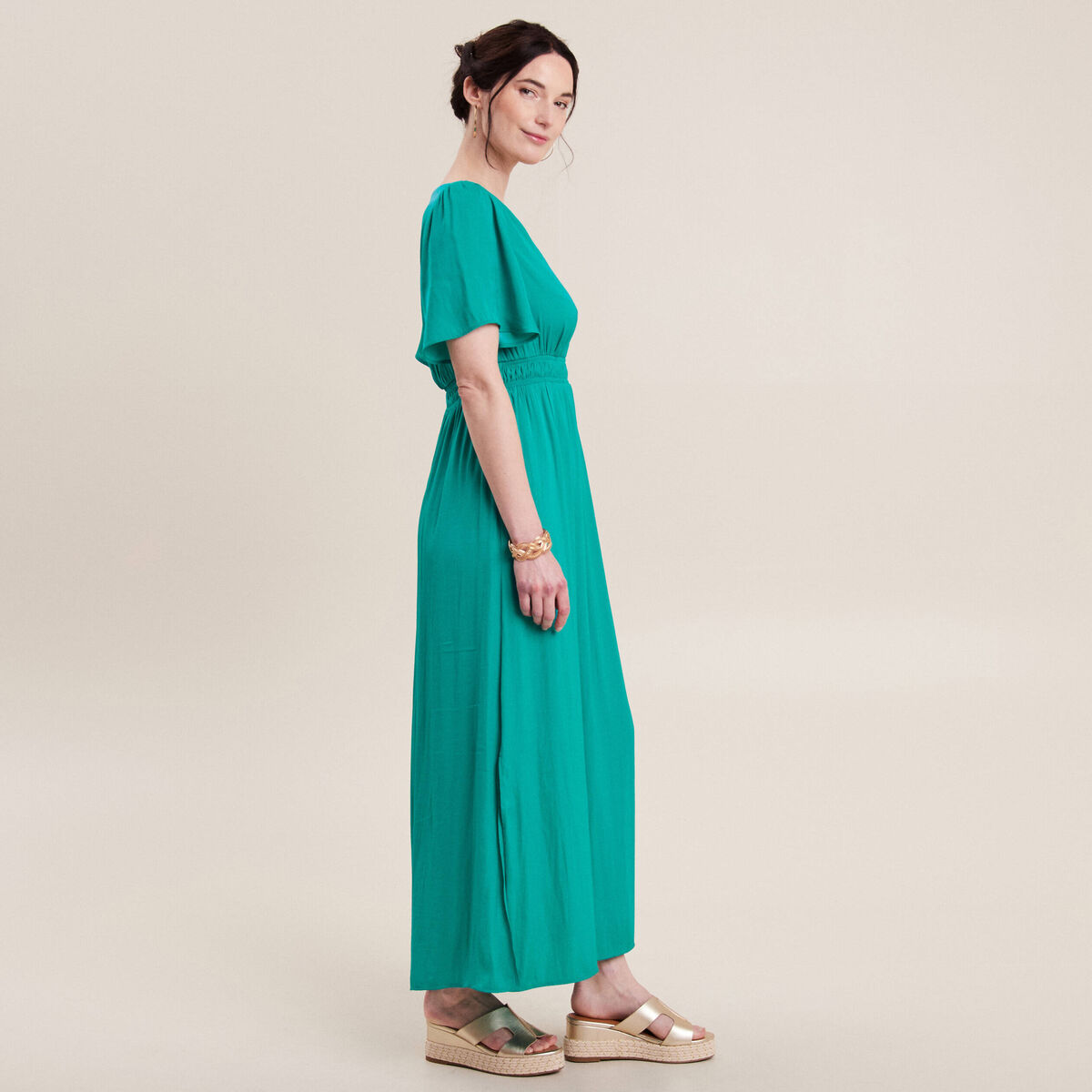 Robe longue évasée satin bleu turquoise femme