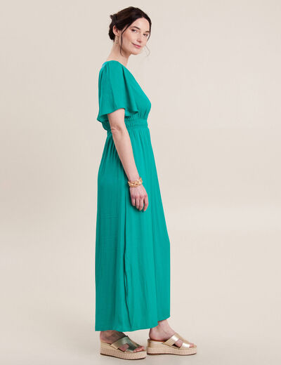 Robe longue évasée satin bleu turquoise femme