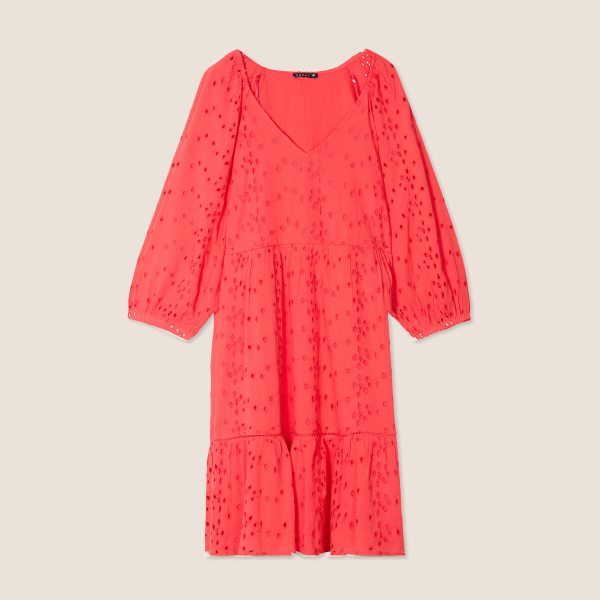 Robe courte manches 3/4 fluide rouge corail femme