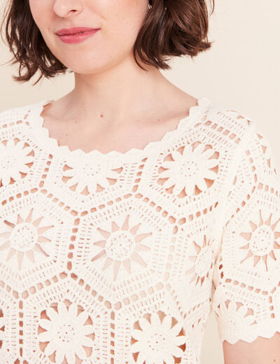 Pull col rond manches courtes dentelle ecru femme