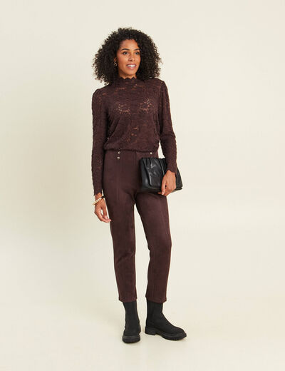 T-shirt cintr&eacute; col montant dentelle marron fonc&eacute; femme
