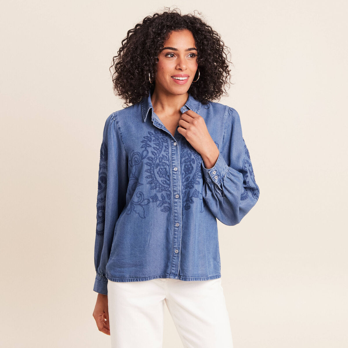 Chemise broderie manches longues denim double stone femme