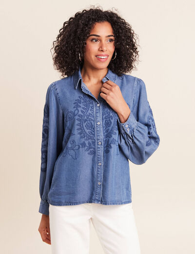 Chemise broderie manches longues denim double stone femme