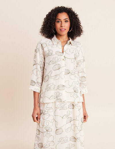 Chemise broderie col chemise manches 3/4 vert femme