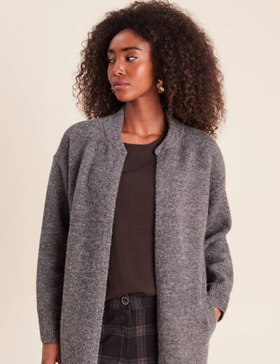 Gilet droit long col chemise gris fonc&eacute; femme