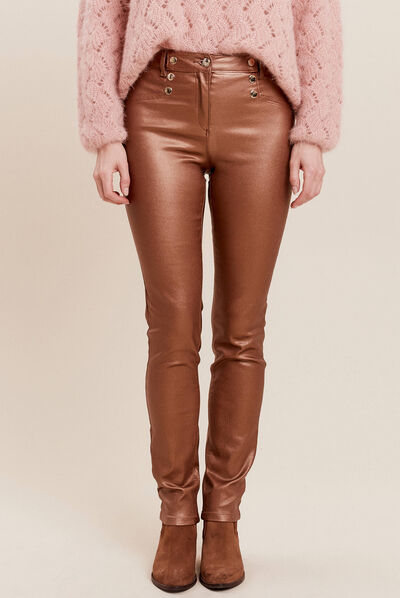 Pantalon ajusté enduit à pont camel femme