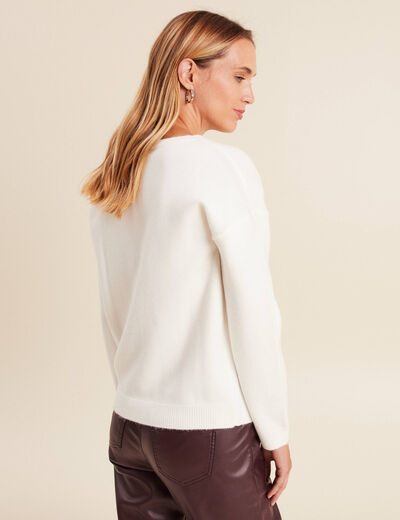 Pull brod&eacute; col rond manches longues rose framboise femme
