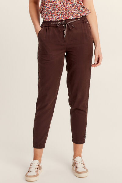 Pantalon flou taille basculée marron foncé femme